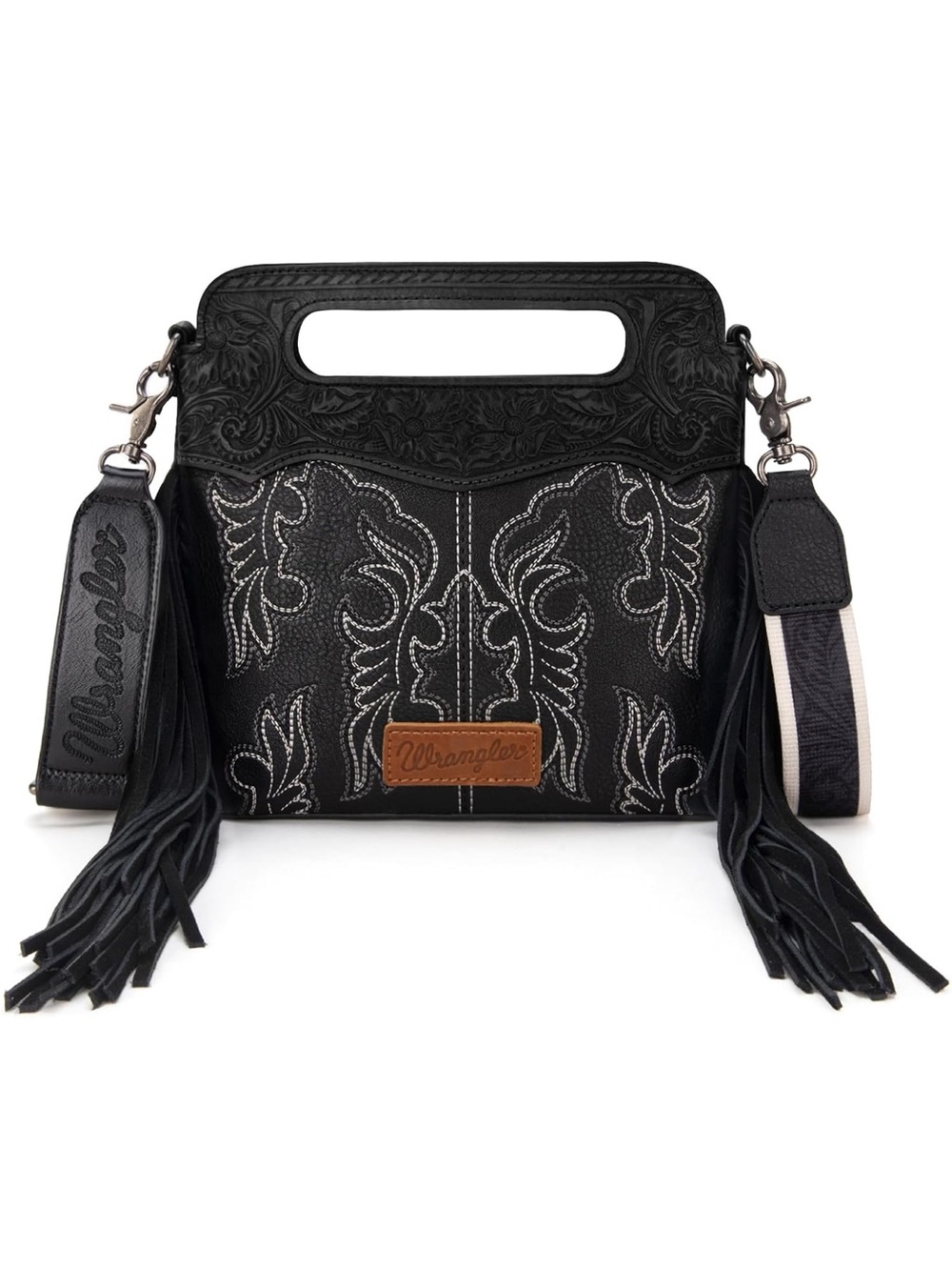 Wrangler Black Embroidered Fringe Crossbody with Cutout Handle